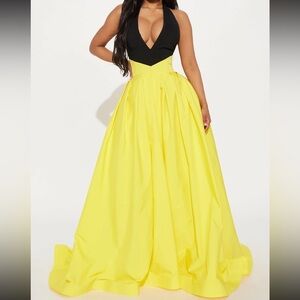 Fashion Nova Black and Yellow Backless Halter Ball Gown